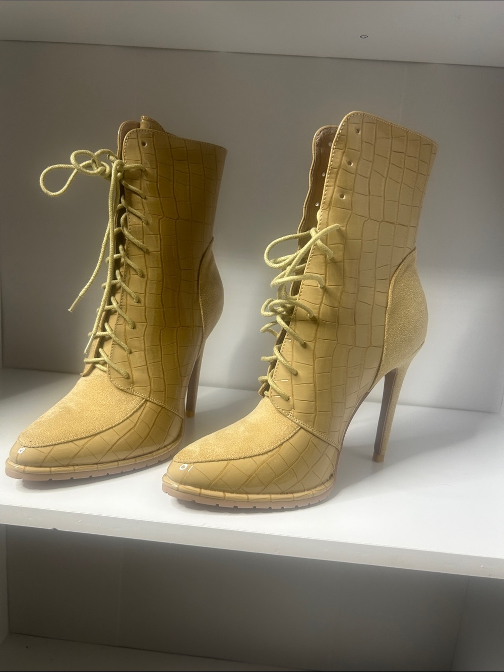 Croc-Embossed Lace-Up High Heel Ankle Boots in Mustard Yellow